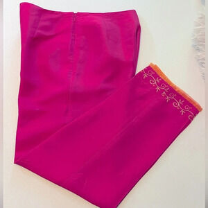 Ann Taylor 100% silk crop pants S Embroidered hem side zip closure Dark pink